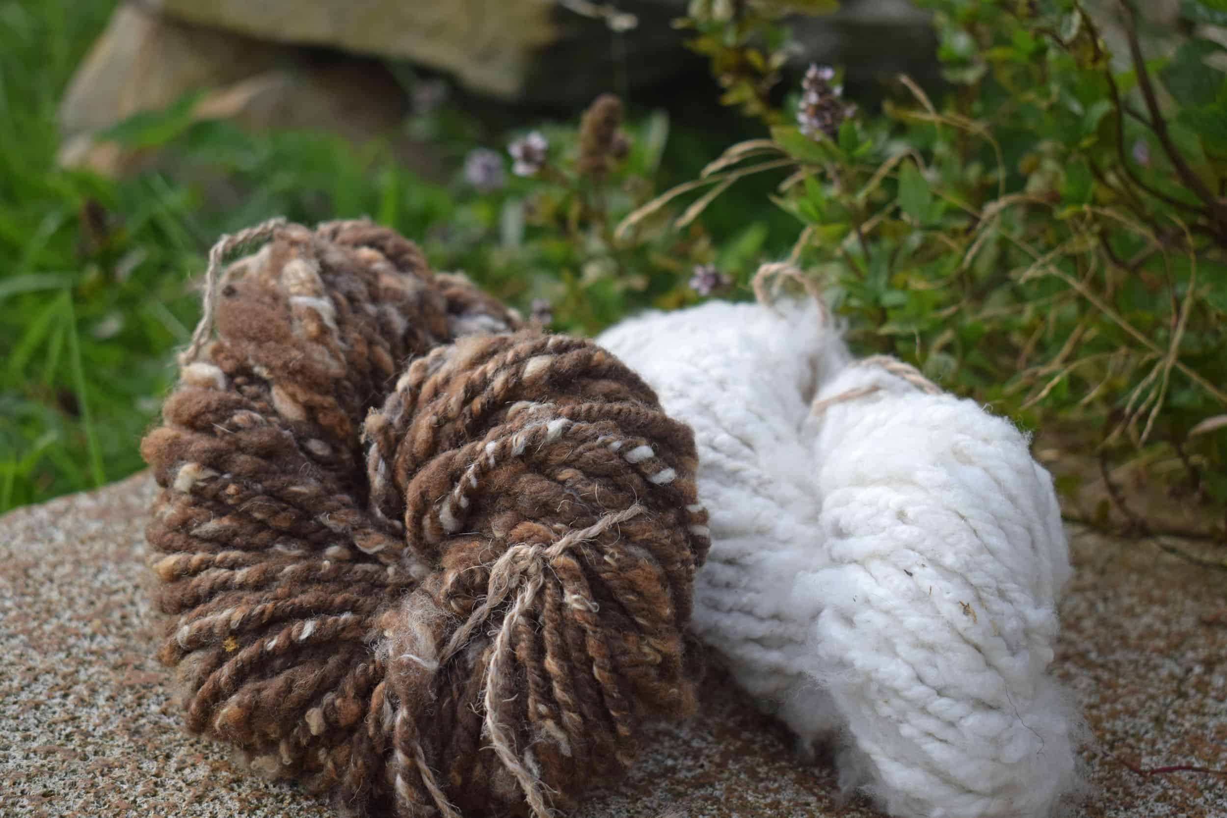 Hand spun natural wool moorit soay cross bowmont fiber spinning