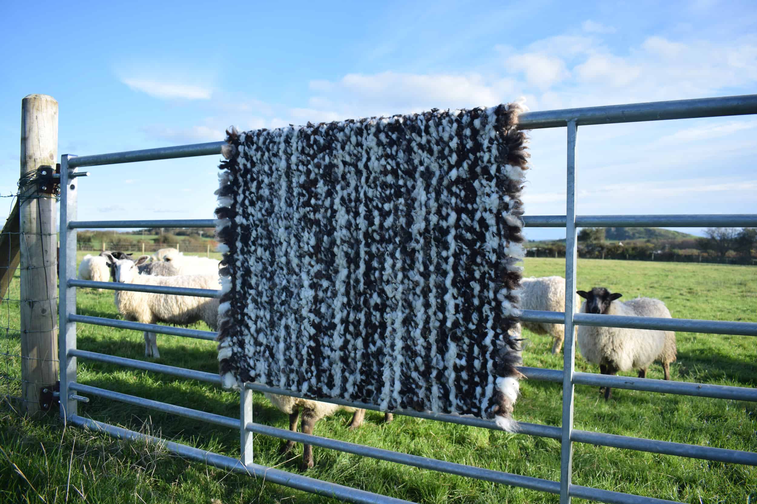 pegloom woven handmade large woven wool rug throw handmade brown white sweep patchwork sheep
