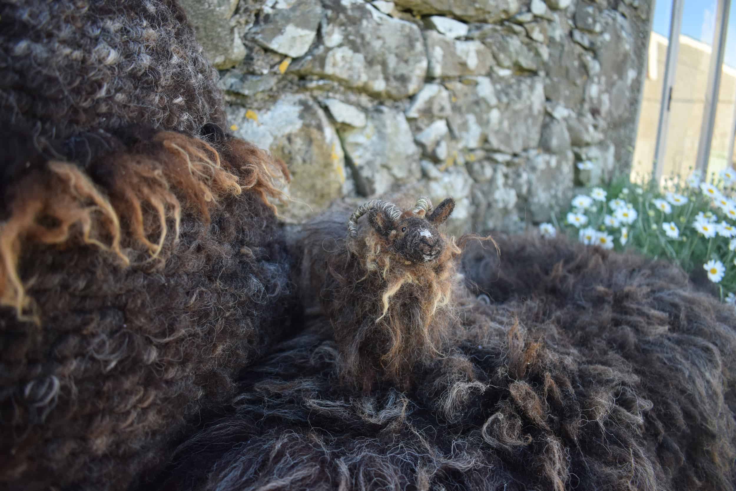 Magic pegloom cushion felted fleece brown black mini needle felted sheep handmade woolsheep jacob cross shetland magical patchwork sheep