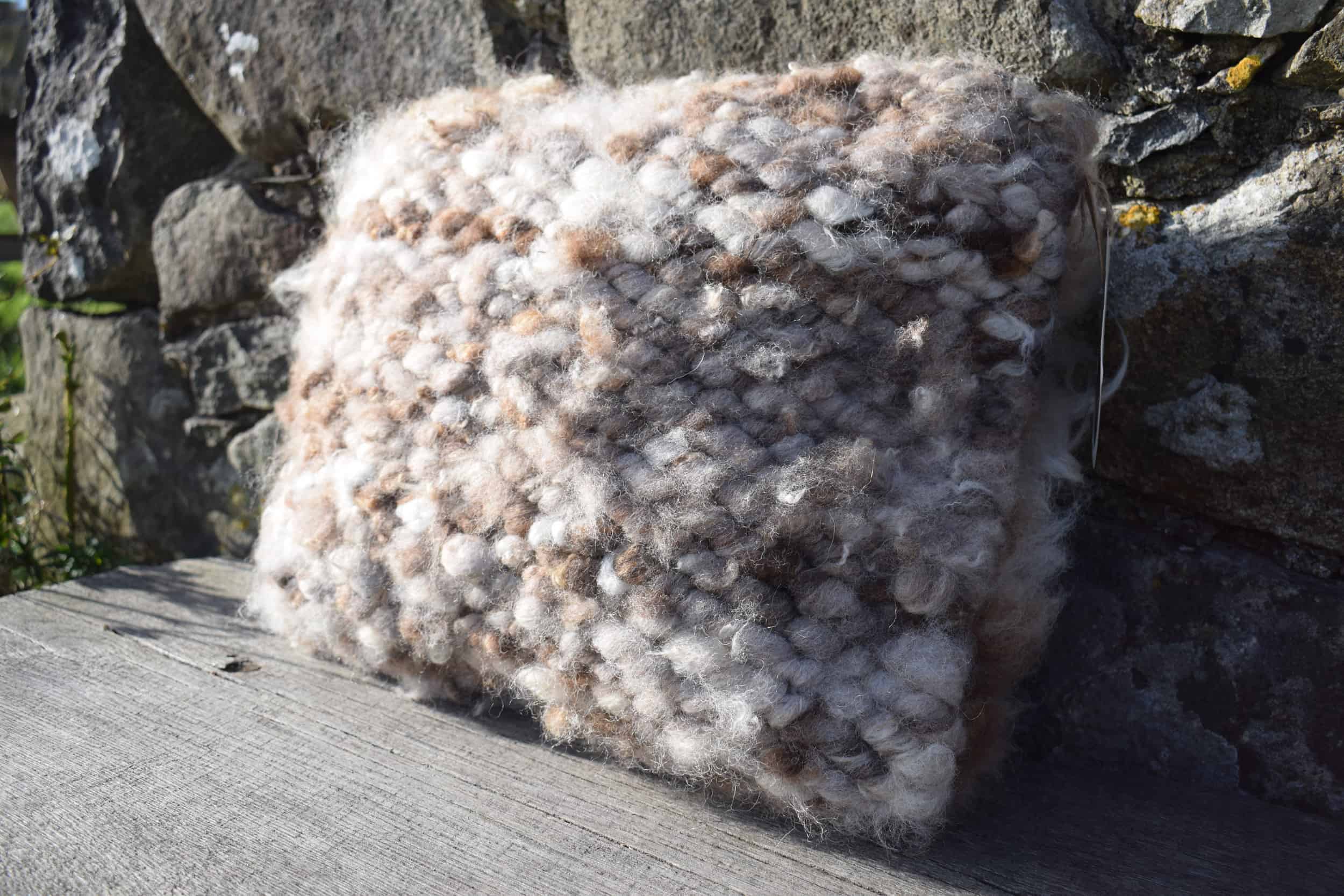 pegloom woven wool cushion handmade moorit grey brown natural wool patchwork sheep