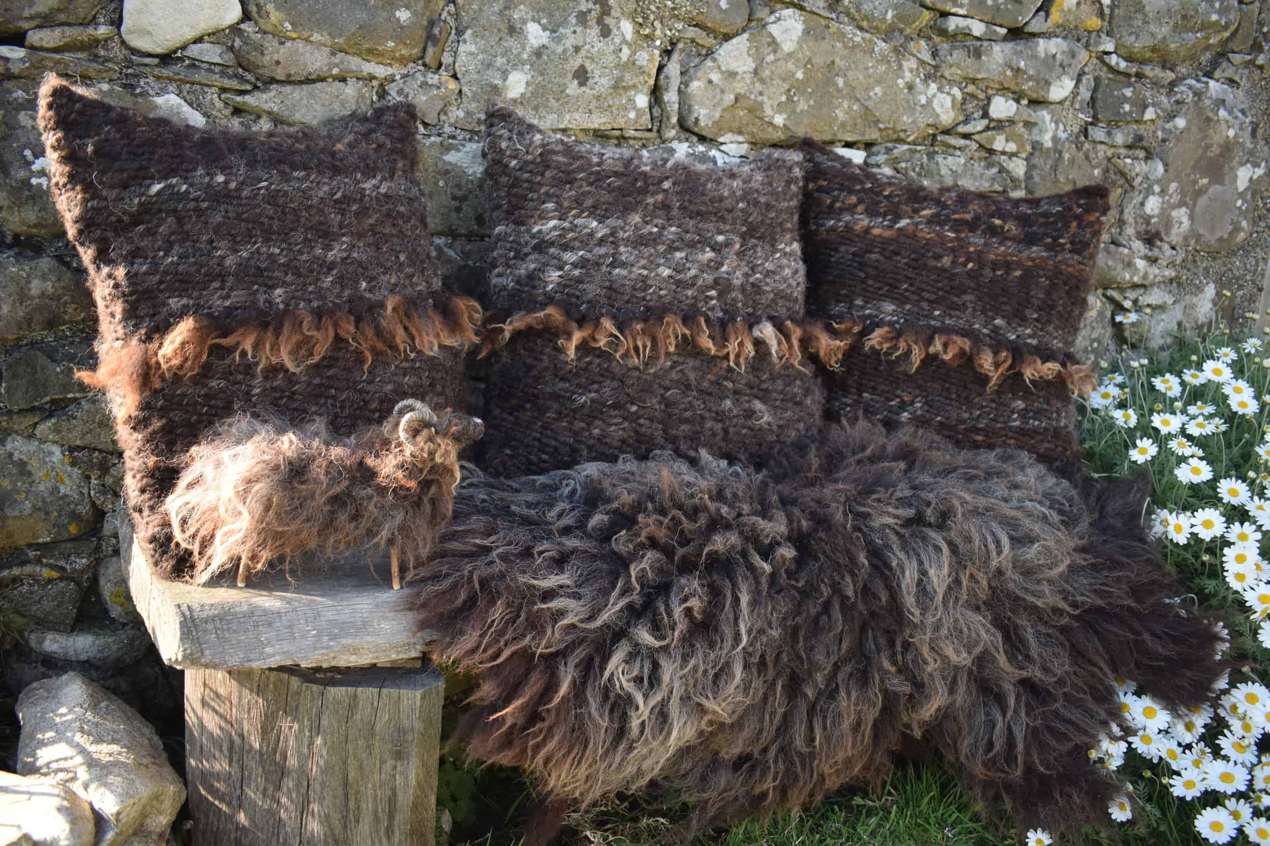 Magic handcrafted pegloom cushion felted fleece brown black mini needle felted sheep handmade woolsheep jacob cross shetland magical patchwork sheep