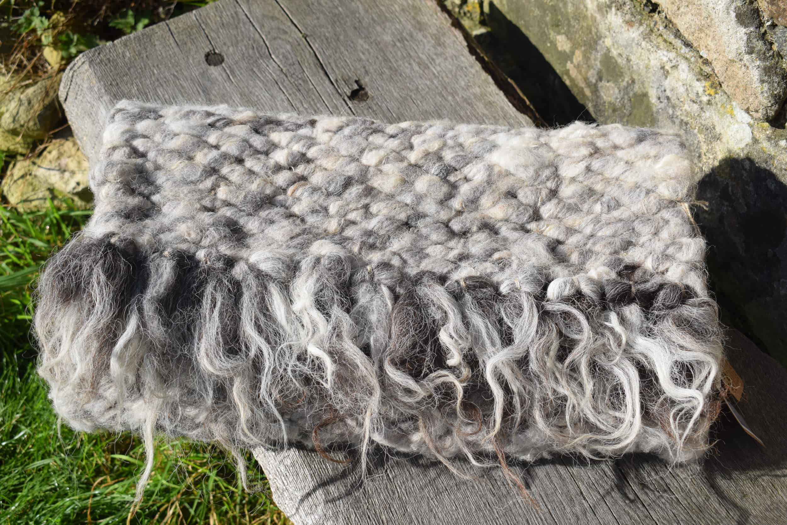 patchwork sheep grey pegloom rug wool tassles handmade smudge unique