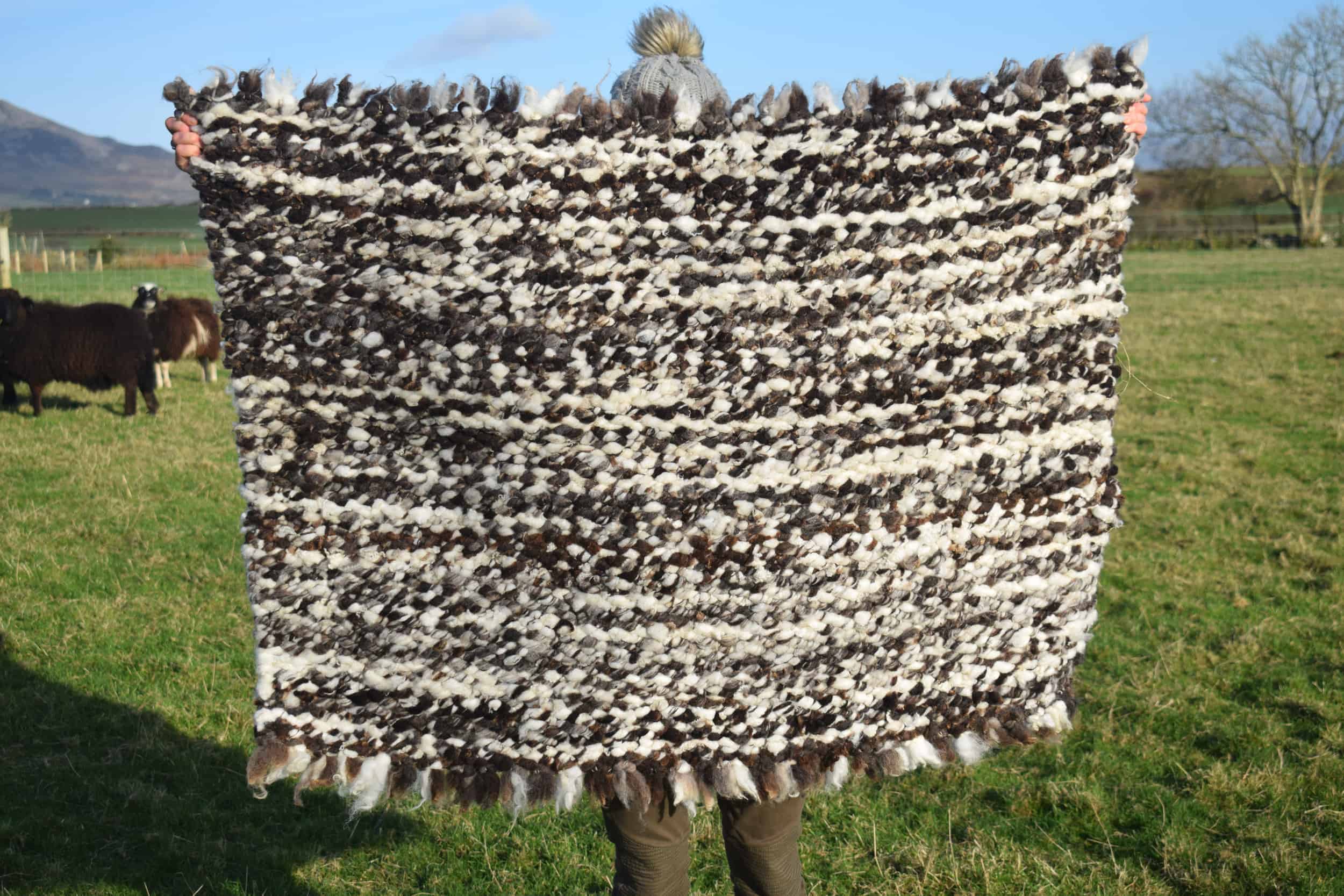 pegloom woven large wool rug throw handmade brown white sweep patchwork sheep tassled welsh wool